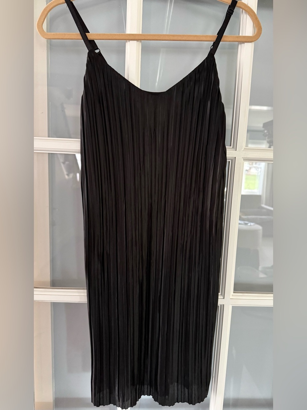 AQUA Black Pleated Spaghetti Strap Slip Dress (adjustable straps)